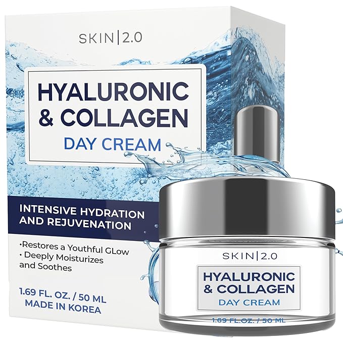 Skin 2.0 Hyaluronic Acid & Collagen Face Moisturizer – Deep Hydration, Firming & Anti-Aging Day Cream For Dry Skin – Dermatologist Tested, Korean Skin Care For All Skin Types, Clean Beauty – 1.69 Oz