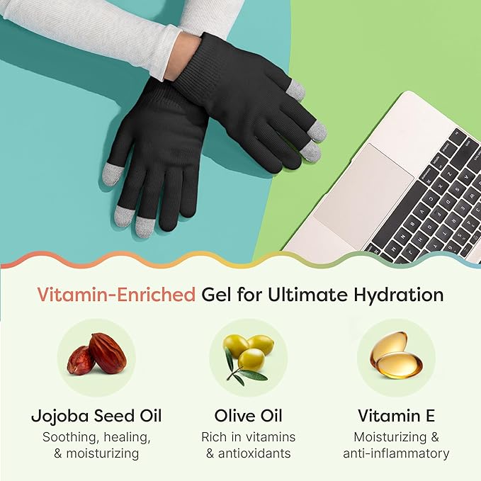 ZenToes Moisturizing Gloves for Dry Hands, Gel Infused with Jojoba Seed Oil, Olive Oil and Vitamin E, Overnight Hand Moisturizer (OSFM, Cotton Black)