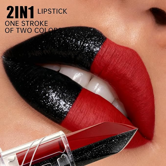 2 in 1 Red Matte Lipstick Glitter Black Lipstick Dual Sided Waterproof Lipsticks for Women One Stroke Two-Tone Long Lasting Lip Stick for Christmas Halloween, DU-G7
