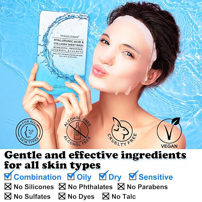 MISSEDSEN Collagen Face Mask with Hyaluronic Acid, Vitamin E Oil for Skin Care Hydrating, Moisturizing, Brightening & Anti Aging Face Masks Skincare for Oil, Dry, Acne, Sensitive All Skin Types 5PCS