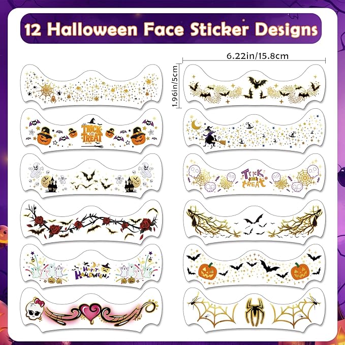 12pcs Halloween Glitter Freckles Face Tattoos Makeup Patches with Pumpkin, Bat, Spider, Witch, Skull, Love Heart, Flowers Design, Face Temporary Tattoos for Adults Kids Rave Accessories