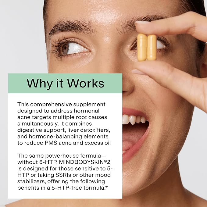 CLEARSTEM - MINDBODYSKIN Hormonal Acne Supplement (No 5-HTP) - Natural DIM Supplement - Skin Care Vitamins - Hormone Balance, Antioxidants - Gluten Free, Cruelty Free - 30 Servings, 90 Capsules