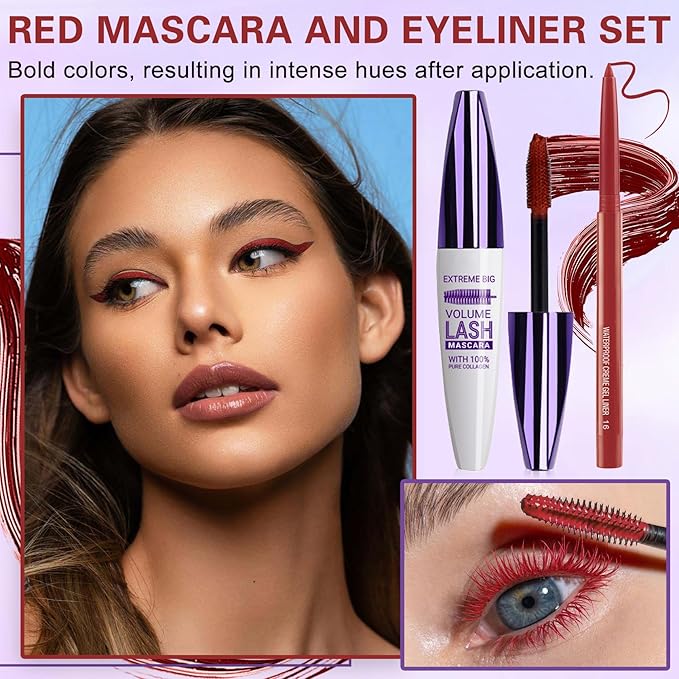 Burgundy Mascara and Eyeliner Set 5D Red Mascara for Eyelashed, Volumizing Curling Defining Eye Lashes, Long-Lasting Waterproof Red Eyeliner