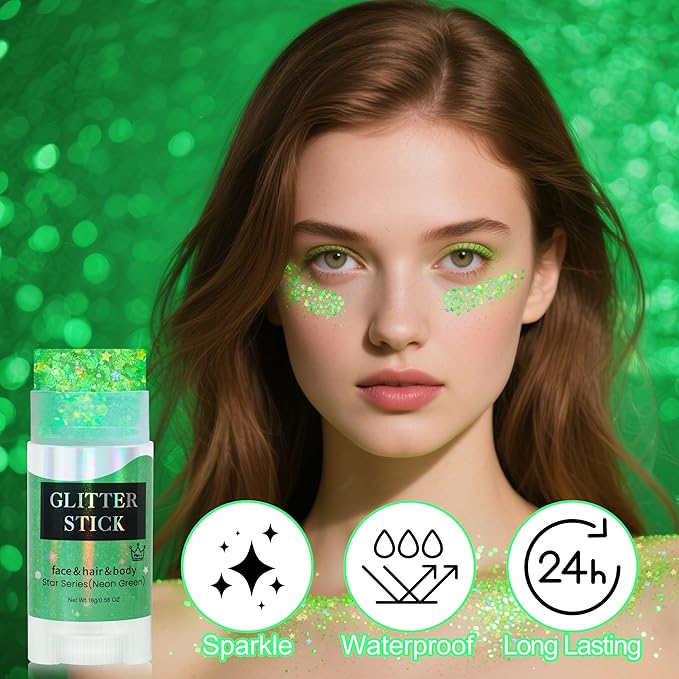 MEICOLY Light Green Body Glitter Stick,Green Accessories for Spirit Week,Alien Face Glitter,Hair Glitter for Women Kids,Irish St Patricks Day Accessories,Festival Mermaid Chunky Makeup for Mardi Gras