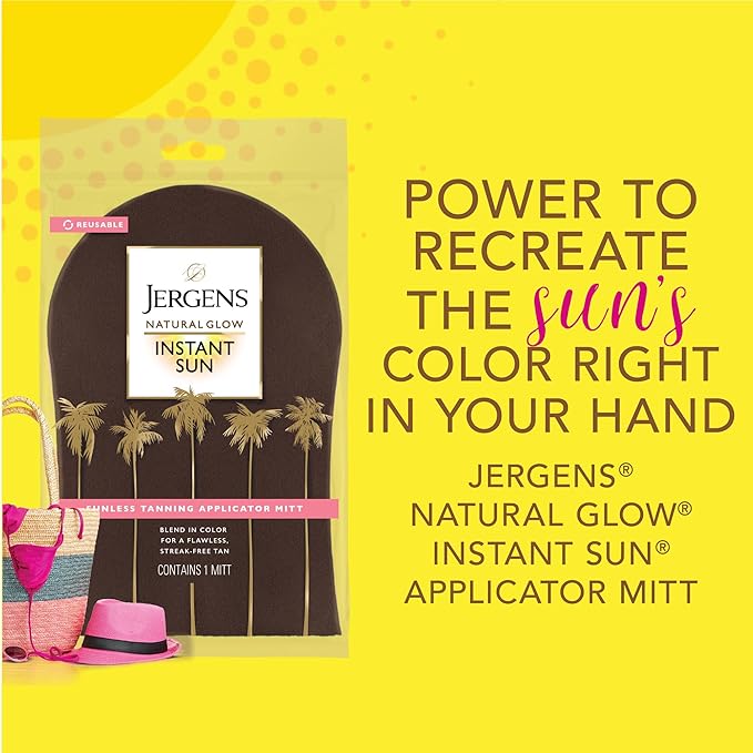 Jergens Natural Glow Instant Sun Self Tanner Mousse Bundle, Deep Bronze, Sunless Tanning, 6 Oz Bottle and Application Mitt