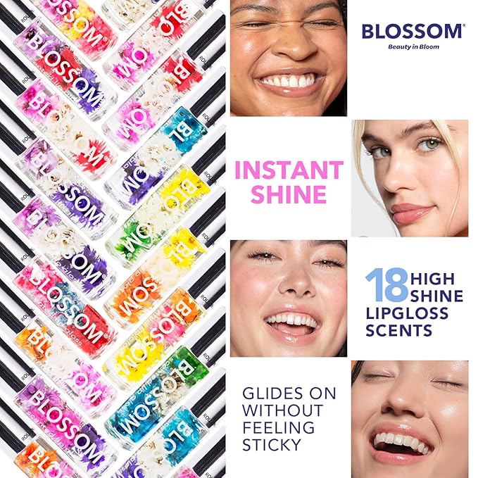 Blossom Roll on Lip Gloss, Scented Clear High Shine Moisturizing Lip Oil, Non Sticky, Infused with Real Flowers, Made in USA, 0.2oz, Vanilla Bean