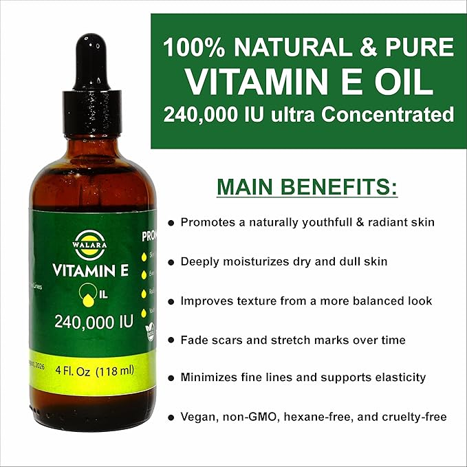 WALARA Vitamin E Oil 100% Pure 240,000 IU (4oz) | Natural, Non-GMO, for Skin, Hair, Premium Vitamin E Oil is 100% Pure & Natural