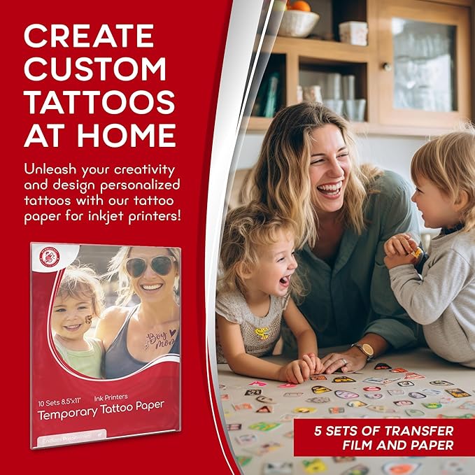 BubblePop! Printable Temporary Tattoo Paper for Inkjet Printer - Skin-Safe, Water-Resistant, Blank 8.5x11” Sheets for Personalized Designs - Make Your Own Temporary Tattoos at Home - 10 Set