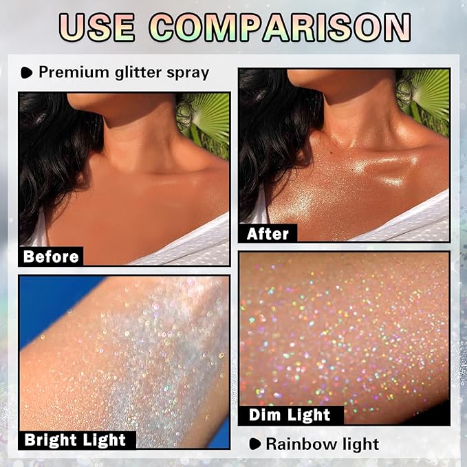 Body Glitter Spray, 60ML Shiny Silver Glitter Spray for Hair Body and Clothes,Long-Lasting Quick-Drying Holographic Ultra Fine Powder Glitter Hairspray for Festival Rave Stage Prom 2.11 Fl Oz