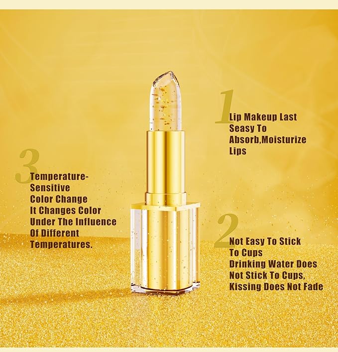 3PCS Color Changing Lipstick, Transferproof Gold Crystal Ph Lipstick Color Changing, Clear Lip stick That Changes Color, Long Lasting 24 Hours Moisturizing, Moisturizing Glossy Shine Lip Gloss