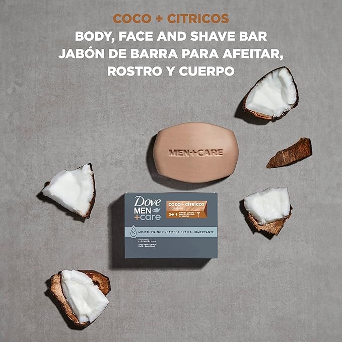 DOVE MEN + CARE Hidratante Coco + Cítricos Hand & Body Face + Shave Bar 6 Count for Hydrated Skin 3.75 oz