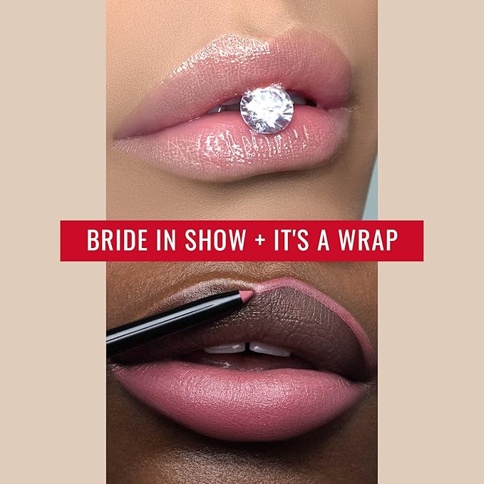 Runway Rogue Classic Gloss Bride In Show, Sheer Pearly Pale-Pink Hydrating Shimmer Lip Gloss with It’s a Wrap, Matte Blush-Pink Lip Liner and Sharpener