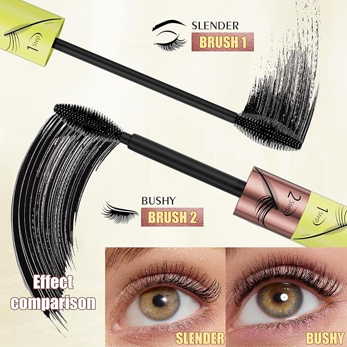 QIC 2 in 1 Mascara Black, Dual-Effect Length & Volume, Waterproof 12H Wear, Smudge-Proof 2 Step Mascara for Natural to Full Lashes, 4D Silk Fiber Lash 2 Step, No Clumping, Easy Removal