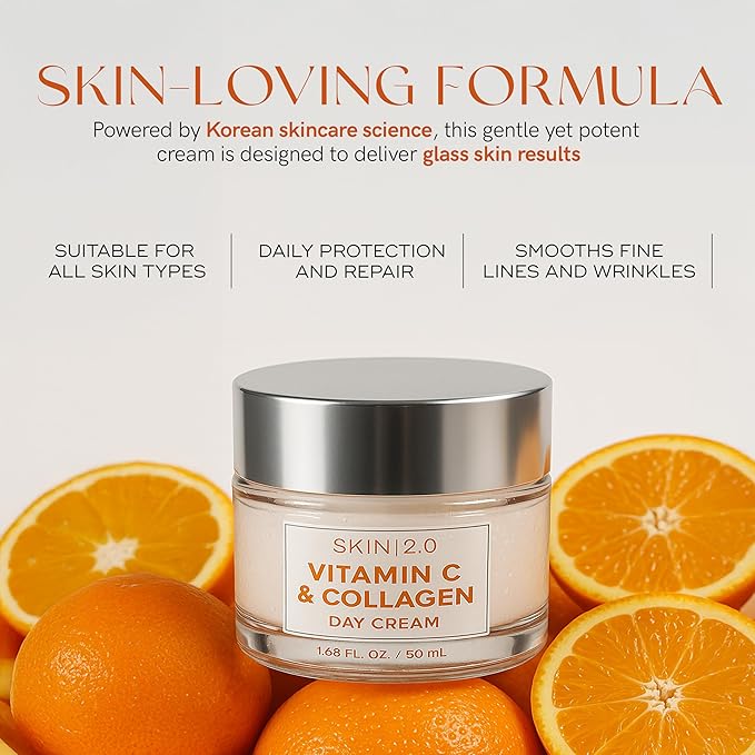 Skin 2.0 Vitamin C & Collagen Face Moisturizer - Dermatologist Tested, Anti-Aging, Skin Tightening - Brightening, Clean Beauty, Cruelty-Free, Korean Skincare for All Skin Types - 1.69 Fl oz