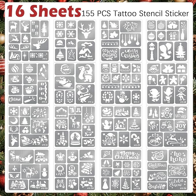 8 Metallic Temporary Tattoo Body Markers Pen Assorted Colors + 155 PCS Christmas Xmas Tattoo Stencils for Kids Adults Cosmetic Tattoos Pens for Skin Temporary DIY Face Body Art Set Party Favor