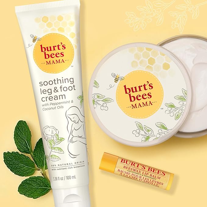 Burt’s Bees Mama Gift Set, Includes Lip Balm, Leg and Foot Cream, and Belly Butter, Natural Origin Skin Care, 0.15 oz./3.38 oz./6.5 oz.