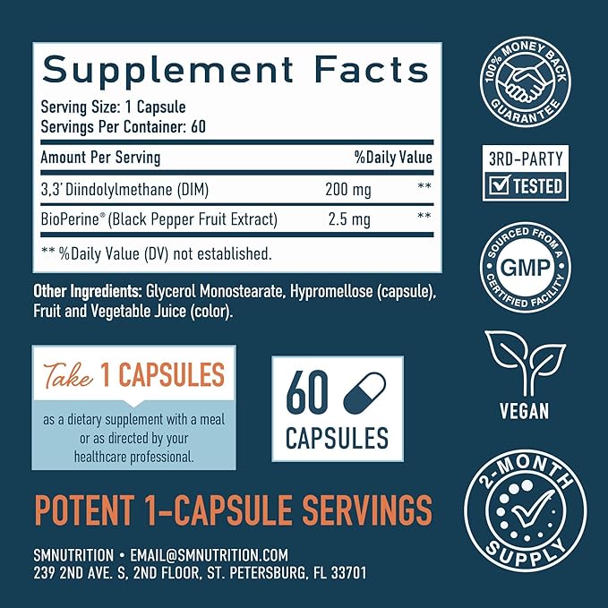 DIM Supplement 200 mg for Hormone Balance | Delayed-Release Microbeadlets | Estrogen Balance for Women & Men, Hormonal Acne Supplements, Menopause & Antioxidant Support | Vegan, Soy Free | 60 Ct.