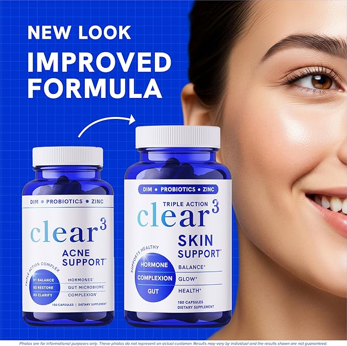 Clear Skin Supplement with Zinc, DIM & Probiotics | 3-in-1 Balance, Glow & Health Skin Support | Triple Action Hyaluronic Acid, Niaciminide & Vitamins for Hormone, Complexion & Gut Support | 180 Ct