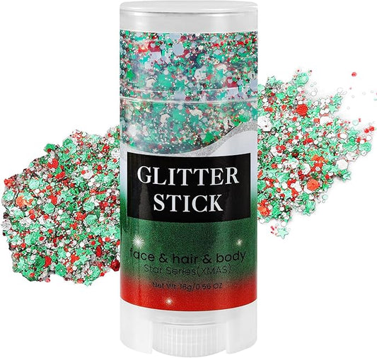 Mysense Christmas Glitter Stick for Face Hair Body, Red Silver Green Chunky Sparkling Glitter Makeup, Christmas Party Costume Accessories, Stocking Stuffers Gifts for Women Girls Kids, 0.56oz