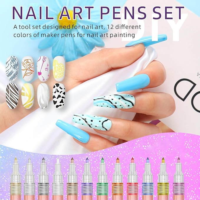12-Color 3D Nail Art Pen Set with 0.7mm Ultra-Fine Flexible Tip for Professional Dotting Lining Gradient and Floral Design DIY Manicure Tools Perfect Valentine's Day Gift