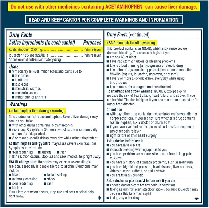 Advil Dual Action Coated Caplets, 125 Mg Ibuprofen and 250 Mg Acetaminophen per Dose (2 Dose Equivalent) for 8 Hour Pain Relief - 216 Count