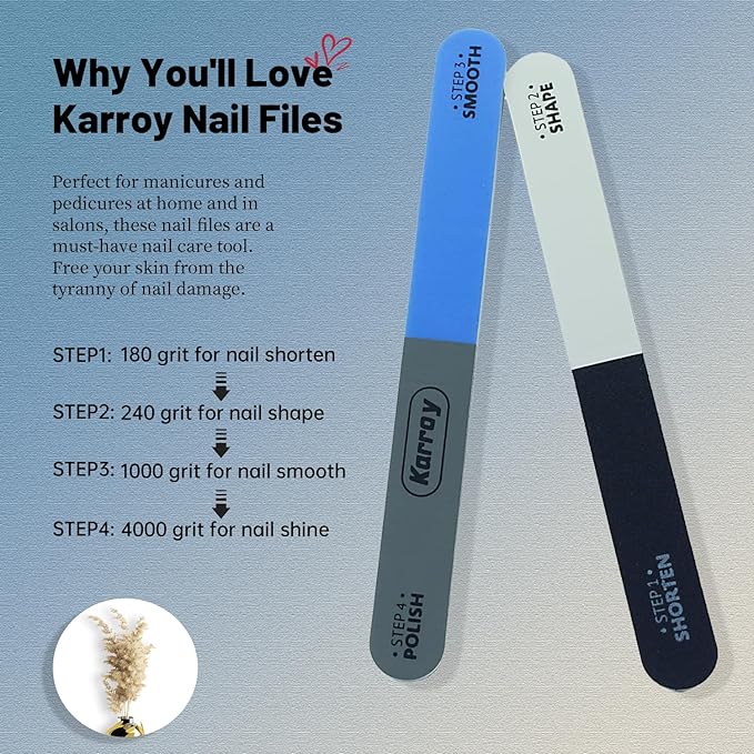Karroy Nail File and Buffer for Natural Nails Dual Sided 4 Steps Shorten-Shape-Smooth-Polishing Nail Tools 20pcs