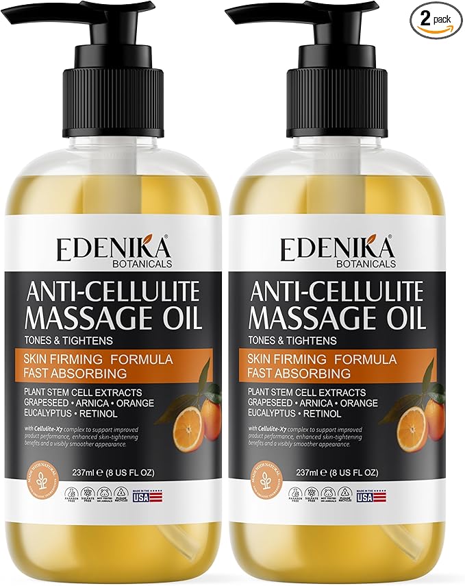 Natural Anti-Cellulite Massage Oil with Grapefruit Oil, Caffeine & Retinol, Firming Body Oil for Cellulite on Legs, Thighs & Butt, Helps Tighten, Smooth & Hydrate Skin, 2-Pack