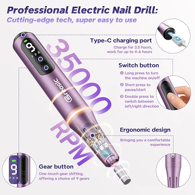 Breosic Electric Nail Drill 35000RPM,12-in-1 Nail File Portable USB-Rechargeable Cordless Nail Drill Professional with 9-Speed & LED Display Manicure Pedicure Nail Kits for Acrylic & Gel Nails(Purple)