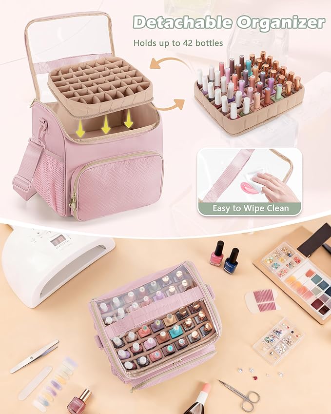 Nail Polish Organizer Bag Holds 42 Bottles(15ml/0.5 fl.oz), Double Layer Nail Storage Case for Gel Polish and Manicure Tools, Travel Nail Bag, Pink