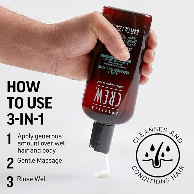 AMERICAN CREW 3-in-1 Chamomile & Pine, Shampoo, Conditioner & Body Wash for Men, Hair Care Gift for Him, Calming and Relaxing Fragrance, 15.2 fl oz