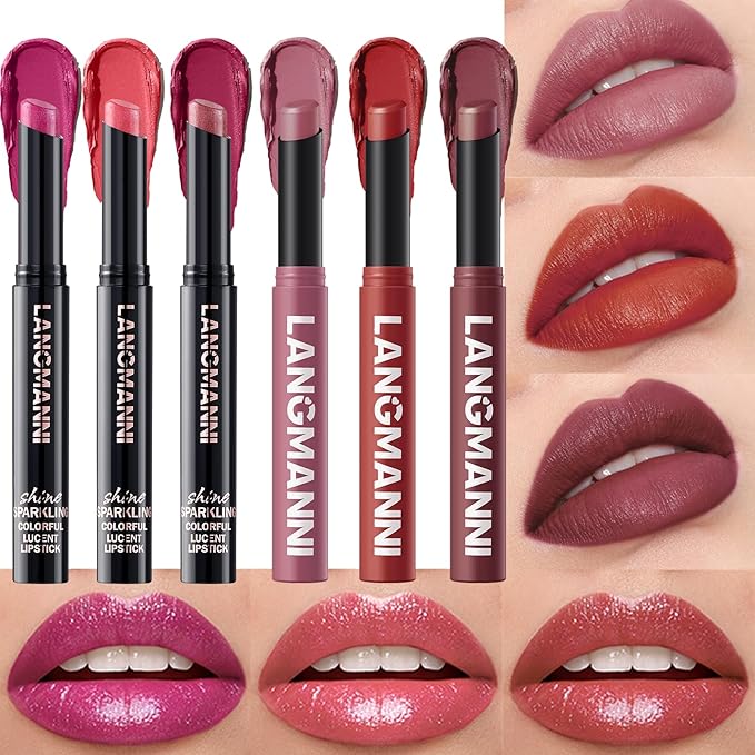 Jolilab 6Pcs Glitter Lip Kit - Velvet Matte & Nude Matte Lipstick + Glitter Lip Gloss/Glitter Lipstick High Pigmented Long-Lasting Waterproof Beauty Cosmetics Gift for Women Girls(SET B)