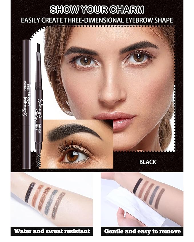 Berinist Waterproof Eyebrow Pencils for Women, 6Pcs Double-ended Black Eye Brow Pencil with Razor Kit, Triangular Tip Design Makes it Easier to Define and Fill in Brows for a Natural Look