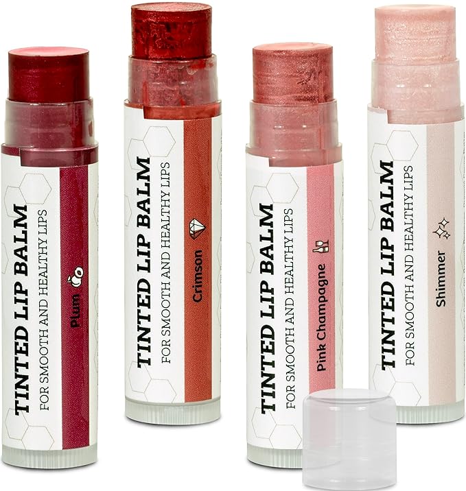 Earth's Daughter Tinted Lip Balm 4 Pack Stocking Stuffers of Assorted Colors - Beeswax, Coconut Oil, Cocoa Butter, Vitamin E - Moisturize and Beautify - Paraben Free