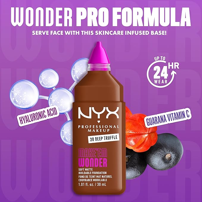 NYX PROFESSIONAL MAKEUP Make 'Em Wonder Liquid Foundation, 24HR Foundation Makeup With A Soft Matte Finish, Buildable Full Coverage - 38 Deep Truffle