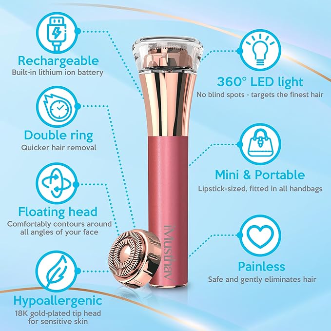 iMusthav Facial Hair Remover for Women – Painless Flawless Electric Razor, Epilator & Trimmer 18K Gold-Plated Dual Ring Floating Head 20mm, USB Rechargeable, 360° LED Light for Face, Lip & Chin