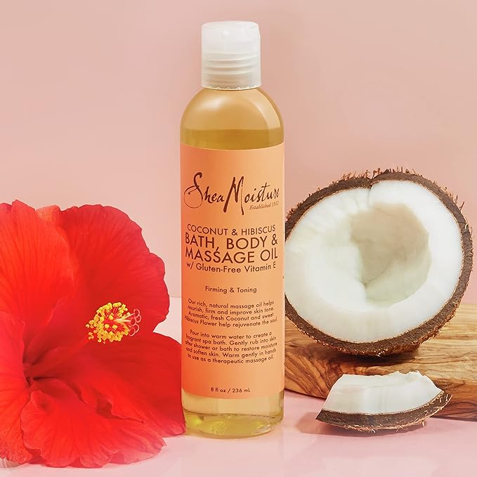 Shea Moisture Coconut & Hibiscus Massage Oil and Body Oil for Dry Skin, Bath Oil with Coconut Oil and Vitamin E Oil for Skin, 8 oz