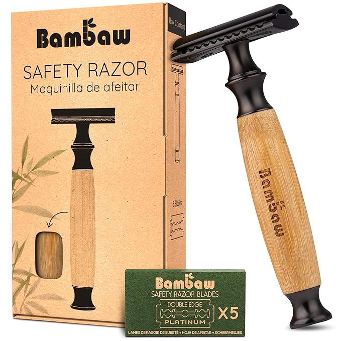 Bambaw Double Edge Safety Razor Men & Women with 5 Replacement Shaving Blades, Women Razor One Blade, Close & Smooth Shave (Thick Bamboo Black)