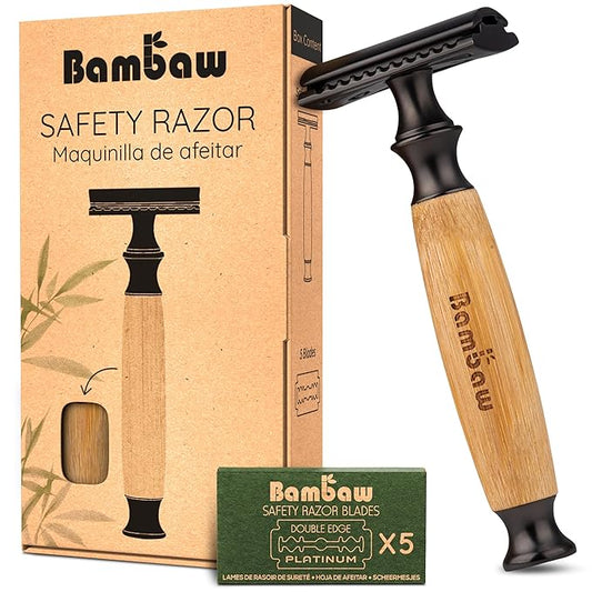 Bambaw Double Edge Safety Razor Men & Women with 5 Replacement Shaving Blades, Women Razor One Blade, Close & Smooth Shave (Thick Bamboo Black)
