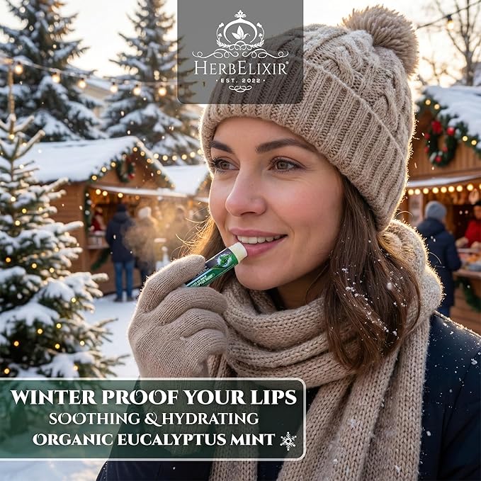 Organic Eucalyptus Mint Lip Balm 3 Pack | Candy Cane Stocking Stuffer | Repairing, Nourishing & Hydrating Therapy for Dry Lips | Natural Care Gift for Men & Women