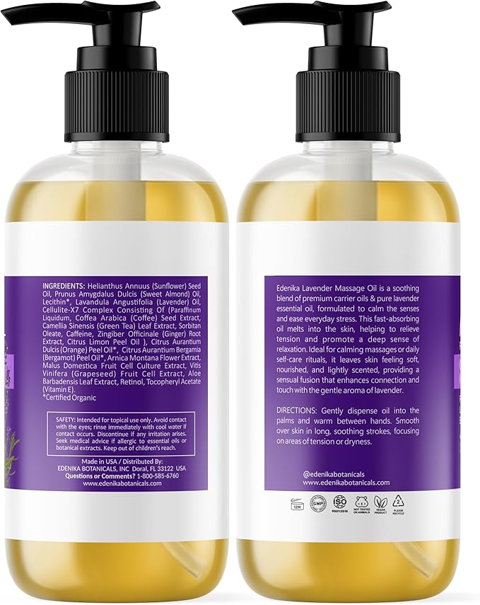 Edenika Botanicals Lavender Massage Oil for Skin, Luxury Aromatherapy & Romantic Massage Oil for Date Night, Relaxing & Hydrating Skin, 8 fl oz