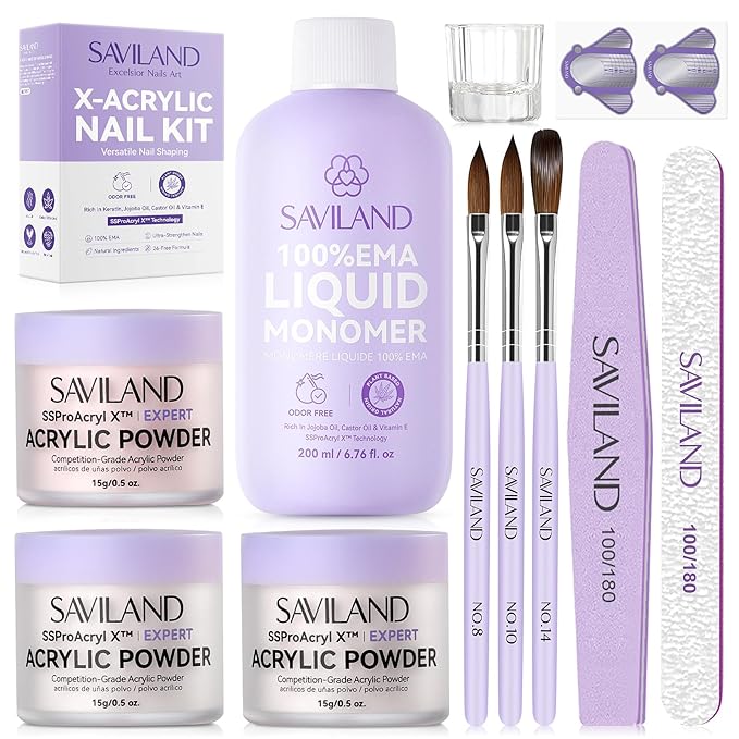 SAVILAND Acrylic Nail Kit with Everything: Hema-Free & Low-Odor Professional Acrylic Powder and 200ml Liquid Set with Size 8 10 14 Nail Brushes, Forms & Tools for Extensions 3D Carving Home Salon Use