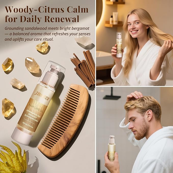 JANICORN Leave-In Hair Oil – Lightweight Hydration with Jojoba & Argan Oils, Sandalwood & Bergamot Aroma, Smooth Shine & Frizz Control for Fine to Frizz-Prone Hair, 3.4 fl oz / 100 ml