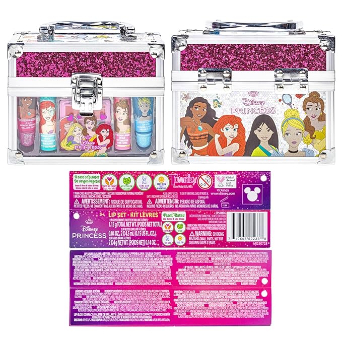 Disney Princess Beauty Mini Train Case Set Includes Lip Gloss Tube, Lip Balm, Lip Gloss Compact for Girls Party, Sleepovers by Townley Girl
