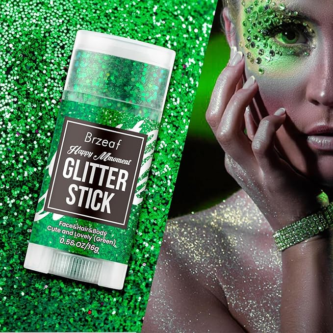 Brzeaf Waterproof Christmas Green Glitter Stick, Chunky Glitter for Face/Body/Hair/Eyes/Lip, Singer Concert Music Rave Festival, Glitter Stick Makeup & Face Glitter Gel for Women Men 0.56 OZ