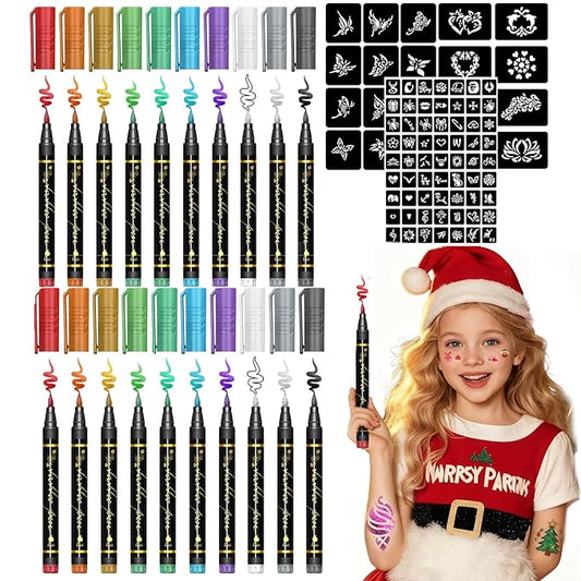 SkinCraft - Safe Temporary Tattoo Pens, Skin Craft Tattoo Markers, 10 Vibrant Colors Body Markers with Reusable Stencils, Skin-Friendly Waterproof Face Paint for Kids Teens Adults Party (20 Pcs)