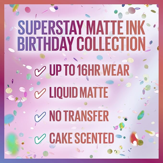 MAYBELLINE New York Super Stay Matte Ink Liquid Lipstick, Transfer Proof, Long Lasting, Limited Edition Birthday Bestie Cake Scented Shades, 0.17 Fl Oz