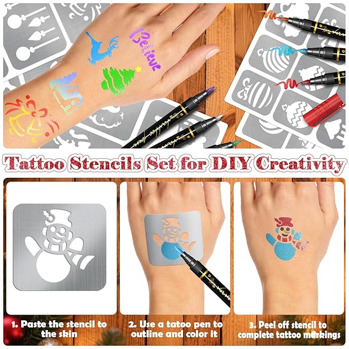 8 Metallic Temporary Tattoo Body Markers Pen Assorted Colors + 155 PCS Christmas Xmas Tattoo Stencils for Kids Adults Cosmetic Tattoos Pens for Skin Temporary DIY Face Body Art Set Party Favor