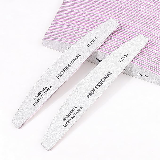 Klimonla 25PCS Professional Half Moon Emery Board Nail Files, 100/100 Grit Dual-Sided Buffer, Reusable Nail Filing Tools for Natural & Acrylic Nails, Home & Salon Manicure Supplies