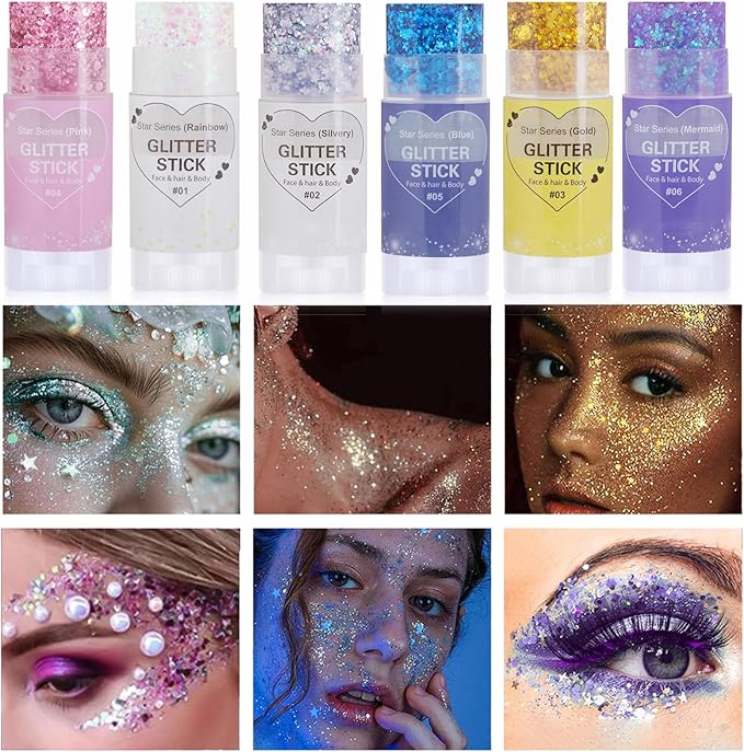 Gold Hair Glitter Stick for Kids,Yellow Body Face Glitter Makeup,Singer Concert Outfits for Women,Rave Mardi Gras Accessories Carnival Chunky Sequins,Waterproof Shimmer Body Face Paint