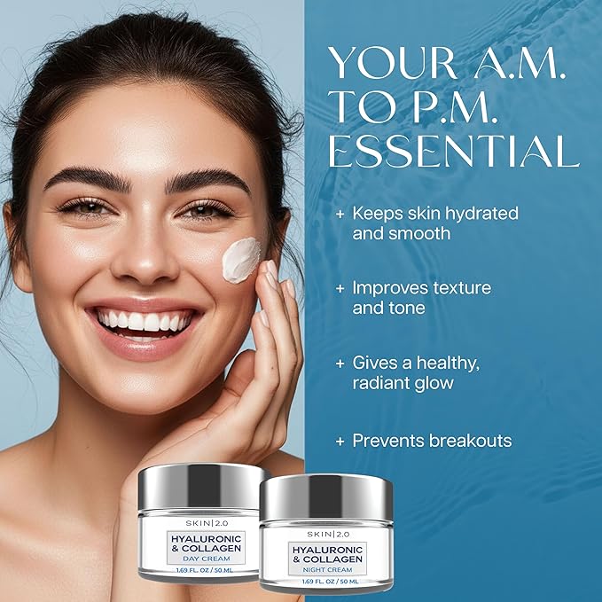 Skin 2.0 Hyaluronic Acid & Collagen Face Moisturizer – Deep Hydration & Firming Cream for Smooth, Youthful Look – Dermatologist Tested, Korean Skin Care Set, Vegan, Clean Beauty – Day & Night Duo